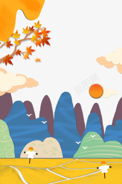 二十四节气之秋分秋叶与远山边框背景