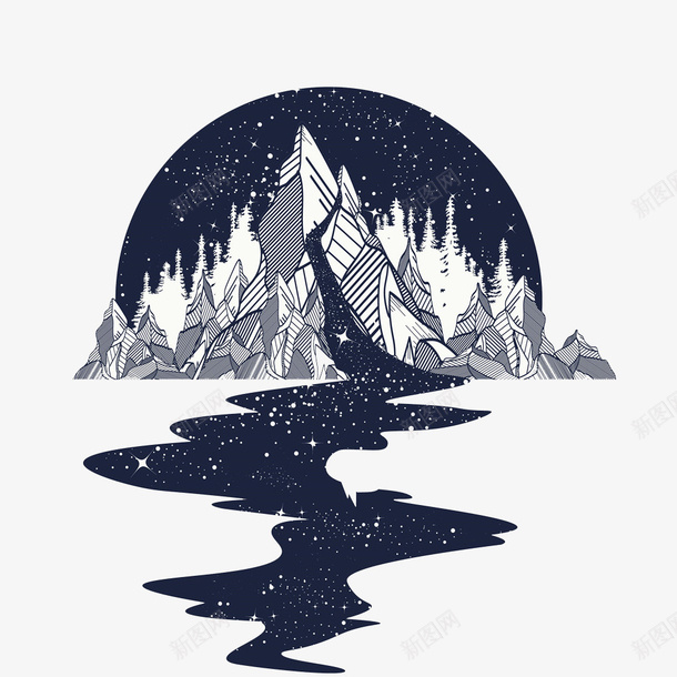 山中晚景图标png_新图网 https://ixintu.com 创意 卡通 壁纸 夜晚 山峰 彩色 手绘 插图