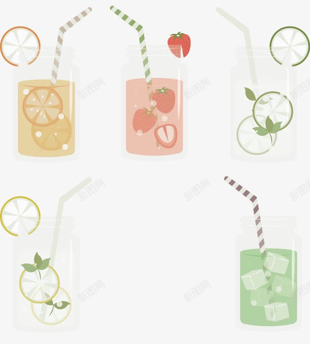 手绘五个玻璃杯装果汁饮品png免抠素材_新图网 https://ixintu.com 冷饮 卡通 吸管 夏日 夏日饮品 夏日饮料 手绘 果味饮料 果汁 清凉 饮品 饮料