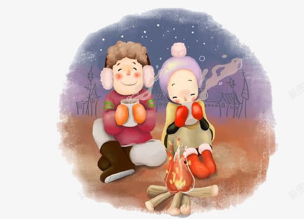烤火的小朋友png免抠素材_新图网 https://ixintu.com 下雪 儿童友谊 卡通人物 烤火 热茶