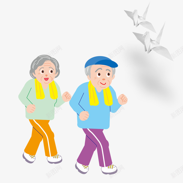 晨跑的老年夫妇卡通手绘png免抠素材_新图网 https://ixintu.com 健康宣传 卡通手绘 晨跑锻炼 立体纸鹤 老人健身 老年人 老年人运动 老当益壮 运动老人