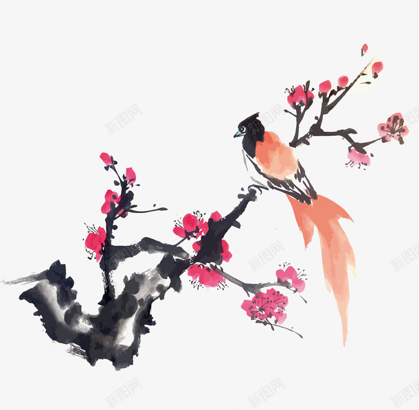 水墨花鸟png免抠素材_新图网 https://ixintu.com 中国画 梅花 水墨 水墨花鸟 矢量花鸟 花朵 花鸟