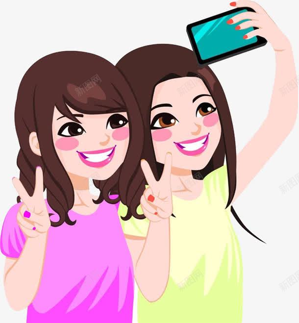 好友合照png免抠素材_新图网 https://ixintu.com 卡通手绘 卡通脸红 可爱画风 摄影 照相手势 胜利手势 装饰 闺蜜