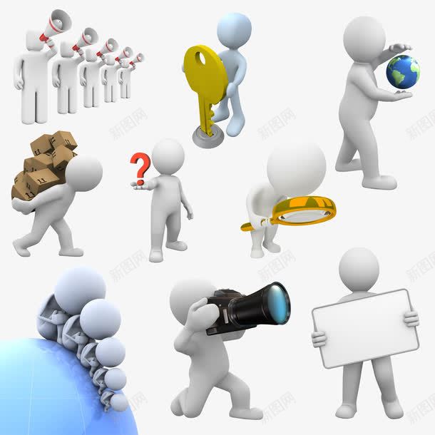 3D小人图标png_新图网 https://ixintu.com 3D小人 公告图标 办公图标 开锁图标 查找图标 照相图标 运输图标