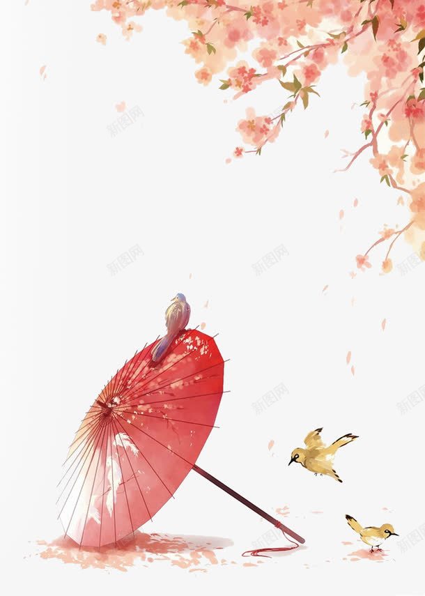 手绘油纸伞png免抠素材_新图网 https://ixintu.com 伞 小清新风 手绘 手绘油纸伞 手绘鸟 梅花装饰图 油纸伞 鸟