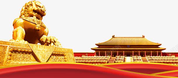 天安门和石狮png免抠素材_新图网 https://ixintu.com 天安门 石狮 红色 绸带 金色