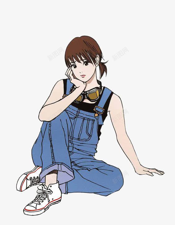 坐着的女孩png免抠素材_新图网 https://ixintu.com 斜坐 坐着的小朋友 太阳镜 女孩 拥抱太阳 背带裤