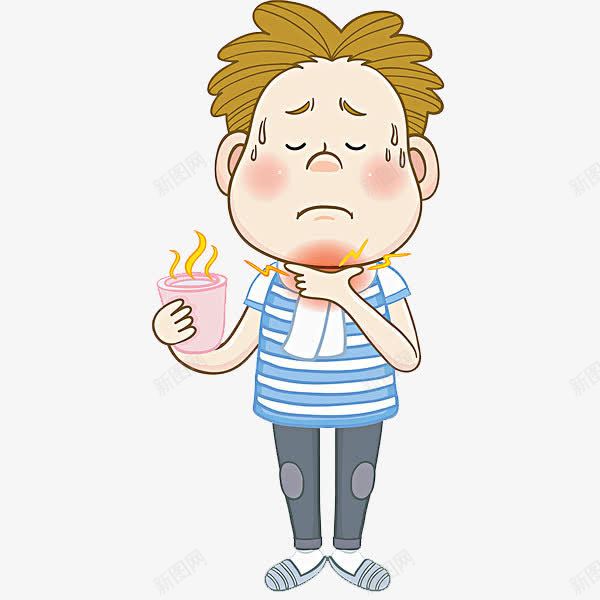 嗓子痛的男人png免抠素材_新图网 https://ixintu.com 卡通 喝水 嗓子痛 流汗 男人 疼痛的 简笔