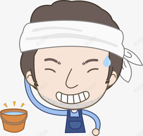 卡通憨笑男人图png免抠素材_新图网 https://ixintu.com 傻笑 可爱的 呲牙的 憨笑 插图 水桶 男人 白头巾