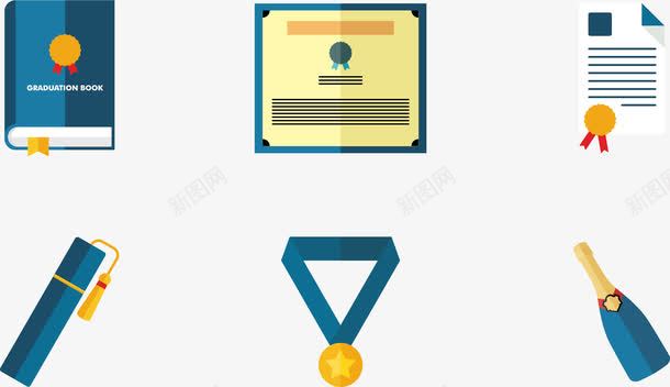卡通毕业元素图标png_新图网 https://ixintu.com 卡通矢量 卷纸 图标icon 培训证书 奖牌 奖状 毕业证书 荣誉证书 荣誉证书排版 证明书 香槟
