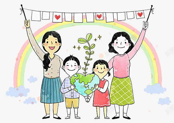 加油助威的妇女和儿童png免抠素材_新图网 https://ixintu.com 加油图 卡通欢呼的的女人 彩虹装饰 微笑的女人 拿着爱心的孩子 树苗