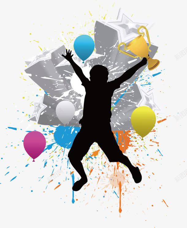 庆祝海报png免抠素材_新图网 https://ixintu.com 喷溅背景 开心的人 得奖的人 拿奖杯 拿金奖 涂鸦背景