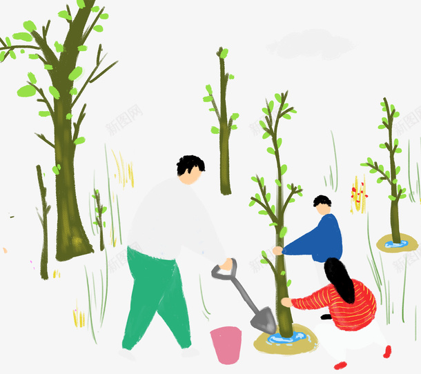 植树节人物png免抠素材_新图网 https://ixintu.com 卡通人物 卡通树木 植树节装饰 水彩绘 绿色树木