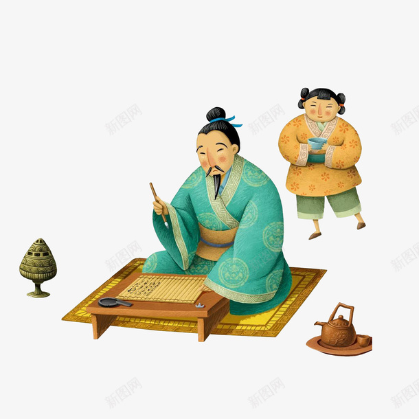 卡通古代小孩给写字的父亲端茶水png免抠素材_新图网 https://ixintu.com 古代人 古代卡通人 古风 手绘香炉 老爸插画 茶壶 蹲着茶水的小孩 香炉