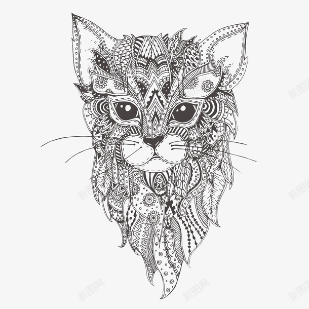 花猫黑白图腾线稿png免抠素材_新图网 https://ixintu.com 动物 图腾 头部 精致 线条 线稿 美丽 花猫 萌萌的 黑白