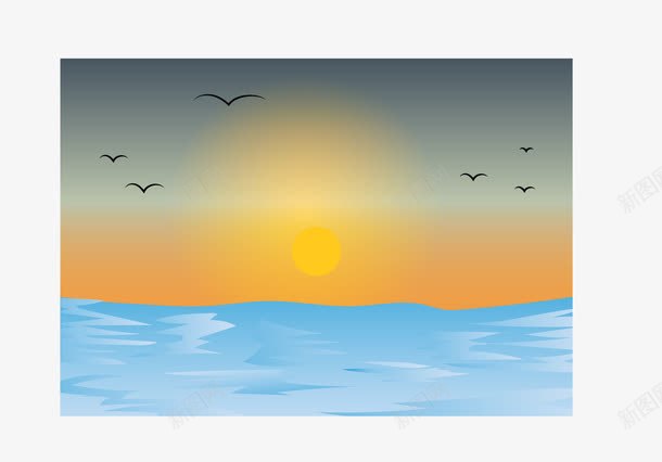 海上的风景png免抠素材_新图网 https://ixintu.com 太阳 日出 日落 日落图 朝霞 海水 海鸥 矢量素材 美丽 蓝色