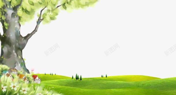 草地村庄大树背景png免抠素材_新图网 https://ixintu.com 大树 房屋 自然风光 花朵 青草