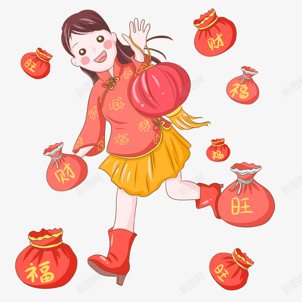 送祝福的新年女孩png免抠素材_新图网 https://ixintu.com 2019 农历新年 卡通女孩 新年女孩 新年好 新年快乐 猪年 福袋 红色福袋 送祝福