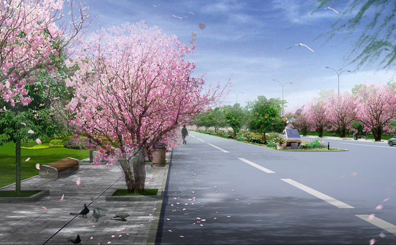 花瓣飘落樱花季海报背景jpg设计背景_新图网 https://ixintu.com psd素材 园林效果图 树木 樱花 樱花大道 花瓣飘落 道路景观设计 道路绿化