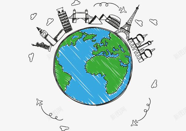 创意世界地图png免抠素材_新图网 https://ixintu.com 世界地图 世界地图轮廓 创意 地球 巴黎铁塔 知名建筑