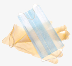 蓝色透明口罩和橙色塑胶手套实物素材