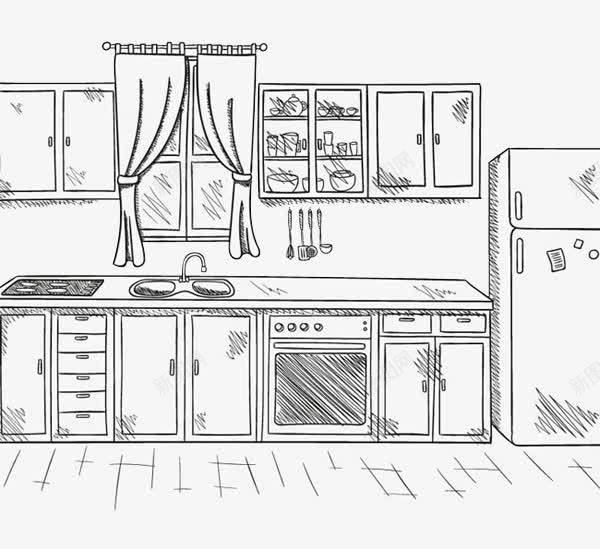 手绘厨房橱柜背景png免抠素材_新图网 https://ixintu.com 创意橱柜 厨房 手绘 橱柜背景 黑白