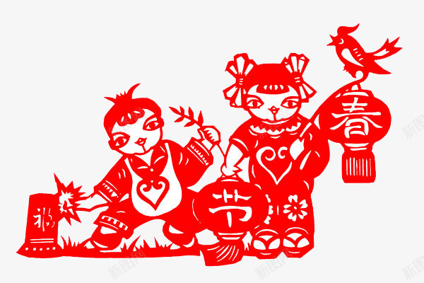 中国风小孩剪纸png免抠素材_新图网 https://ixintu.com 剪纸 小孩 小鸟 灯泡 红色剪纸 花朵 过年 鞭炮