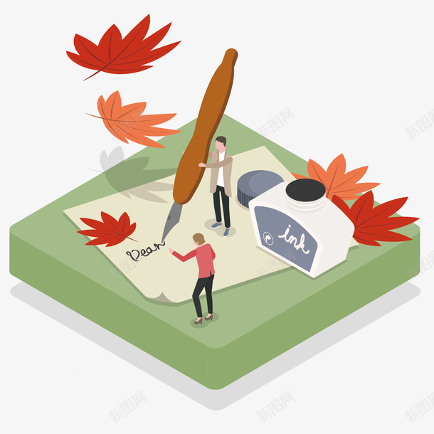 绿色草地枫叶立体场景矢量图ai免抠素材_新图网 https://ixintu.com 25D 书信 人物 写信 枫叶 立体场景 等距视角 红枫 矢量图