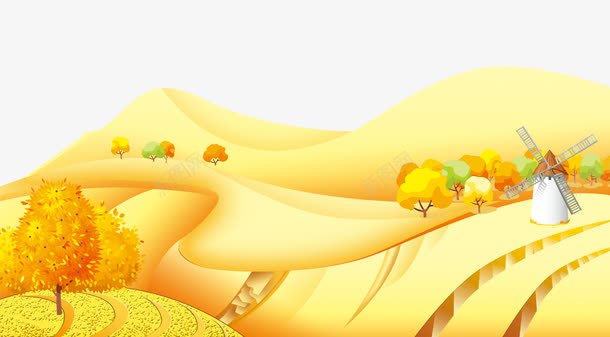 卡通山峦村落png免抠素材_新图网 https://ixintu.com 丰收 卡通 大树 天地 山峦 村落 秋季 风车
