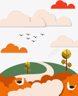 橙色卡通云朵小山丘装饰图案素材