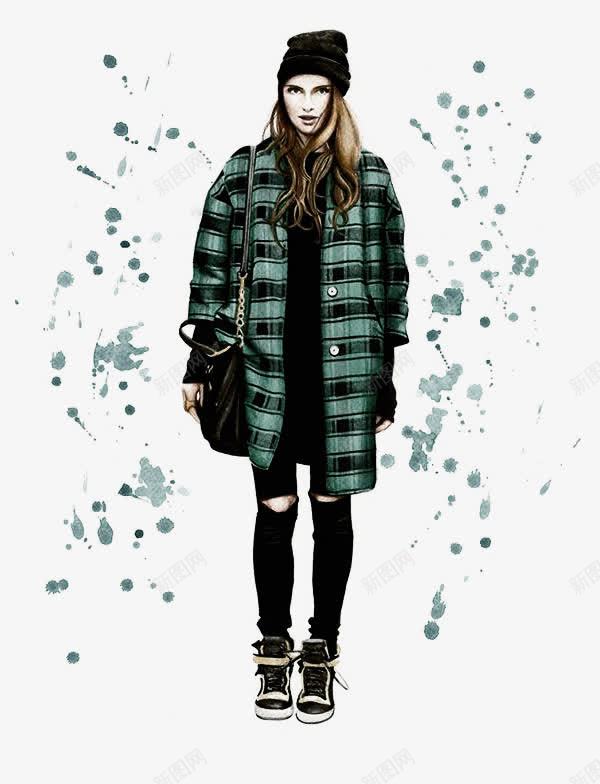 街头时尚绿黑格子长款美女时装画png免抠素材_新图网 https://ixintu.com 单肩包 市场潮流 手绘市场女孩 时尚 时装画 破洞裤子 绿黑 美女 街头 衣服 黑色 黑色帽子 黑色背包 黑裤子