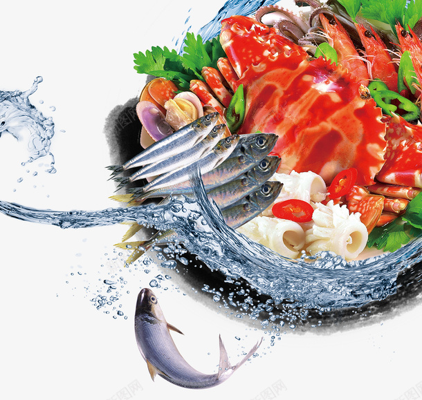 新鲜海鲜蔬菜食物psd免抠素材_新图网 https://ixintu.com 三文鱼 新鲜 水珠装饰 海鲜 蔬菜 螃蟹 食物