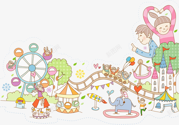 欢乐的游乐场png免抠素材_新图网 https://ixintu.com 喜悦 大象 开心 摩天轮 放松 旋转木马 游乐场 过山车