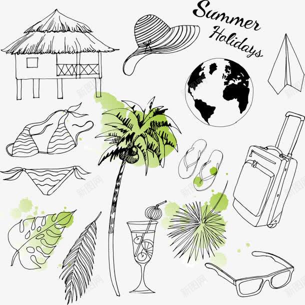 手绘夏日元素png免抠素材_新图网 https://ixintu.com summer 夏天 夏日 旅行箱 树 椰子树 比基尼 眼镜 草帽
