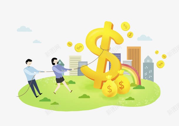 拉钱财的人png免抠素材_新图网 https://ixintu.com 使劲 卡通 房子 挣钱 用力地 绳子 货币符号 金钱 钱袋子