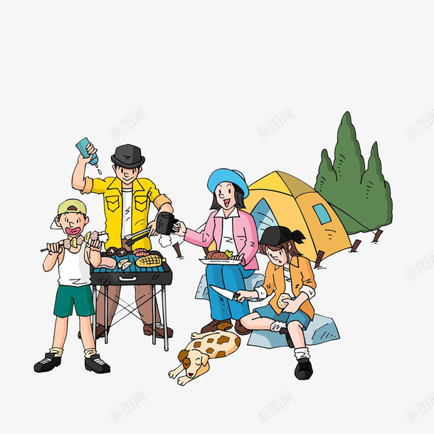 卡通野外露营烧烤的朋友们png免抠素材_新图网 https://ixintu.com 卡通插画 朋友聚会 烧烤 郊游野餐 野外露营