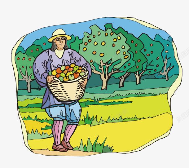 搬苹果的人png免抠素材_新图网 https://ixintu.com 水果农民 水果蔬菜 竹筐 红苹果 绿色 绿草 苹果树 黄色土地