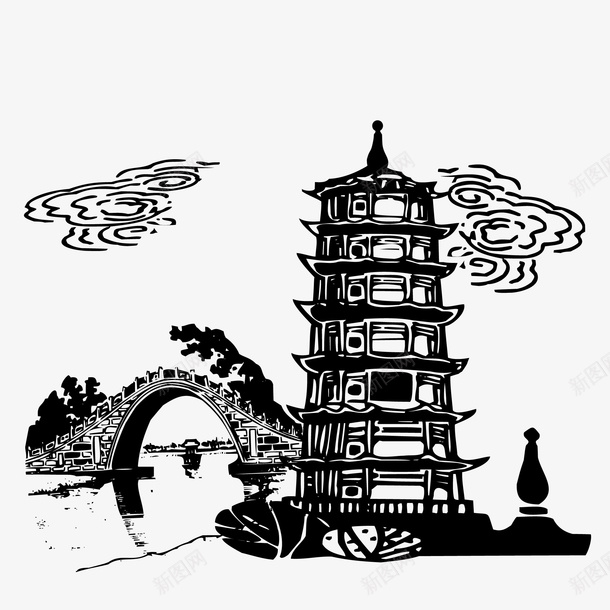 清代建筑小桥和古塔图矢量图ai免抠素材_新图网 https://ixintu.com 小桥和古塔 建筑 桥 清代 白云 矢量免抠图 雷锋塔 黑色线描画 矢量图