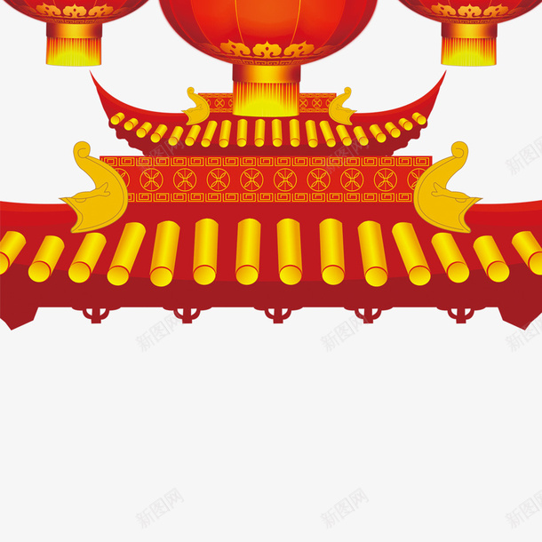 卡通宫殿png免抠素材_新图网 https://ixintu.com 卡通金色 古建筑 唯美 建筑 房顶 灯笼 红色建筑 红色灯笼 金色