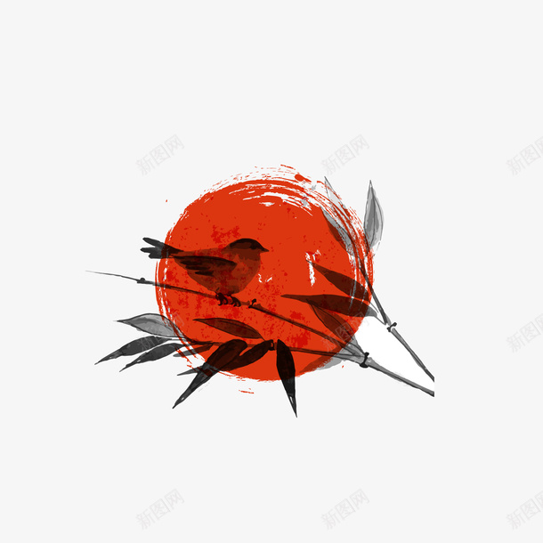 日式风格矢量图eps免抠素材_新图网 https://ixintu.com 小鸟 小鸟水墨 水墨小鸟 水墨竹子 水墨风格 红色阳光 矢量图