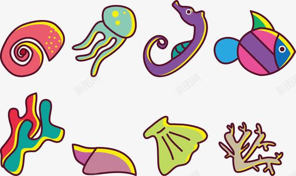 奇妙的海底世界png免抠素材_新图网 https://ixintu.com 彩色水母 水母 海盐 海马 珊瑚礁 贝壳 风笛