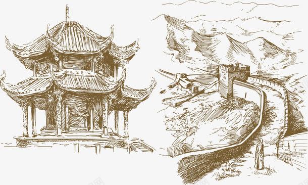 手绘素描古建筑png免抠素材_新图网 https://ixintu.com 凉亭 古建筑手绘图 矢量旅游景点 素描 长城 长城卡通 黑白长城