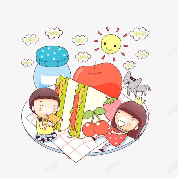 猛吃蛋糕的男孩女孩png免抠素材_新图网 https://ixintu.com 三明治 云朵 儿童 儿童世界 卡通 卡通人物 太阳 小猫 插画 椒盐瓶 樱桃 水彩 猛吃蛋糕的男孩女孩 盘子 苹果 草莓 蛋糕