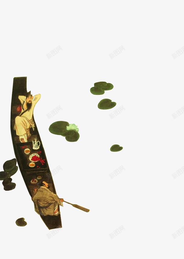 水墨画中国风船上饮酒赏莲psd免抠素材_新图网 https://ixintu.com 中国风 悠闲 水墨划船 水墨画 莲花 赏花 饮酒