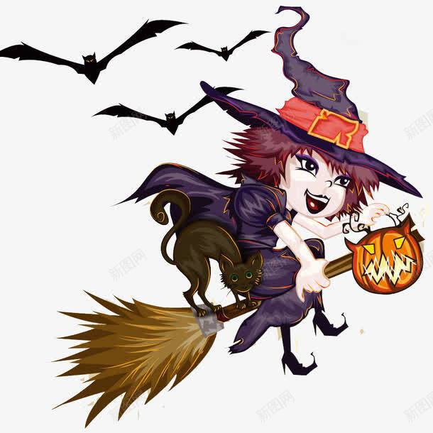 万圣节小魔女png免抠素材_新图网 https://ixintu.com 免费png图片 免费矢量素材 南瓜灯 女巫 扫把 苕帚 蝙蝠