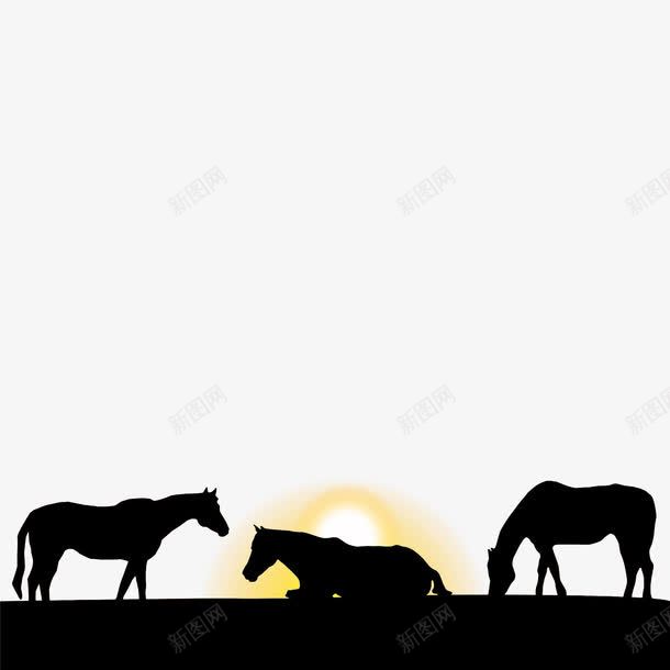 手绘马群背光剪影png免抠素材_新图网 https://ixintu.com 剪影 发光 太阳 手绘 日出东方 旭日东升 背光马 阳光
