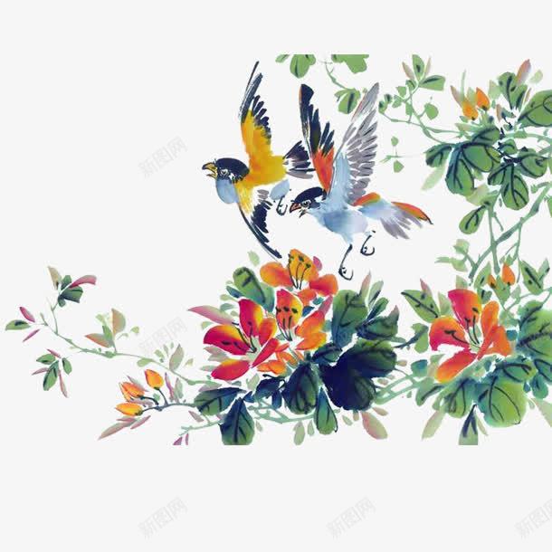 水墨画红花绿叶小鸟png免抠素材_新图网 https://ixintu.com 小鸟 水墨画 红花 绿叶