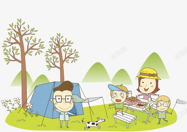 郊游野炊png免抠素材_新图网 https://ixintu.com 卡通 家庭 帐篷 手绘 树林 烤肉 草地 踏青 野外
