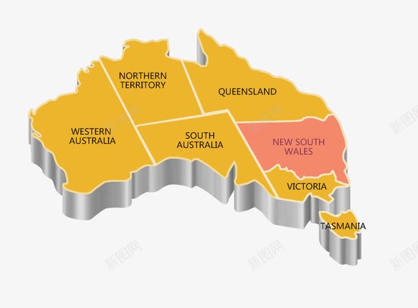 立体英文版澳大利亚地图png免抠素材_新图网 https://ixintu.com 澳大利亚地图 澳洲地图 立体 英文版地图 黄色