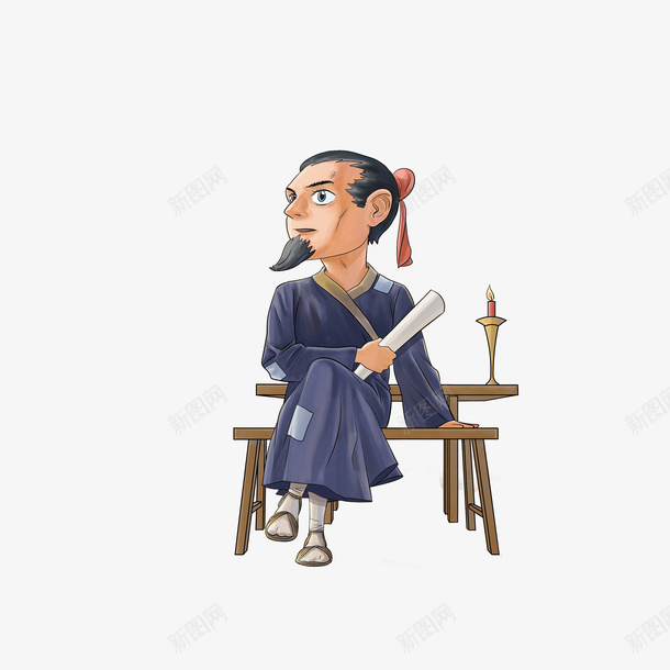 卡通看书古人png免抠素材_新图网 https://ixintu.com 古人看书 古代男子 手拿书籍 望着窗外 桌椅 蜡烛 补丁衣服